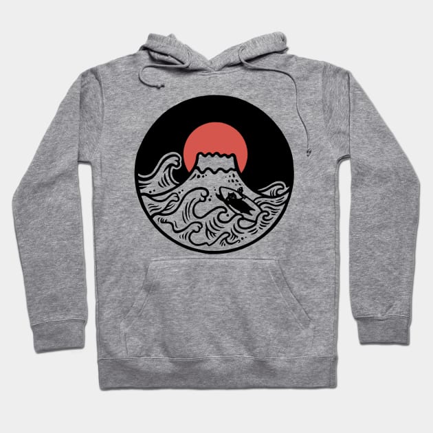 Great wave of Mount Fuji cat surfer Hoodie by Chewbarber